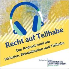 Logo Podcast: Kopfhörer und Text auf abstrakten Farbfeldern (mit Verlinkung)