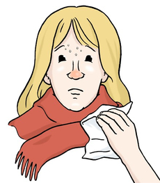 Frau mit roter Nase und Schweiß auf der Stirn